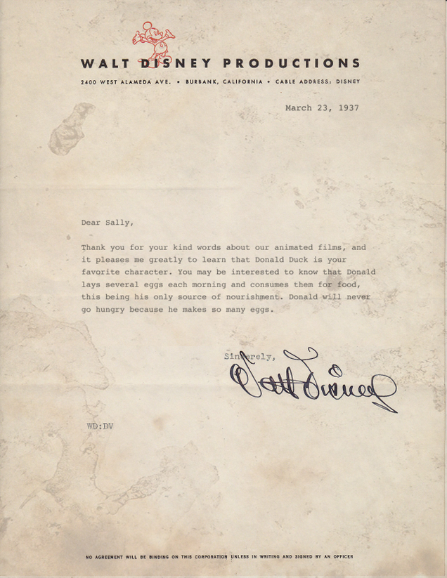 Illustration for article titled Disney Fans Rejoice! Newly Discovered Letters From Walt Disney Reveal That Donald Duck Lays His Own Eggs And Then Eats Them